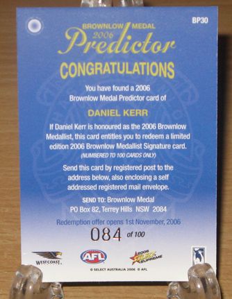 2006 Supreme Brownlow Predictor BP30 Daniel Kerr Back.jpg