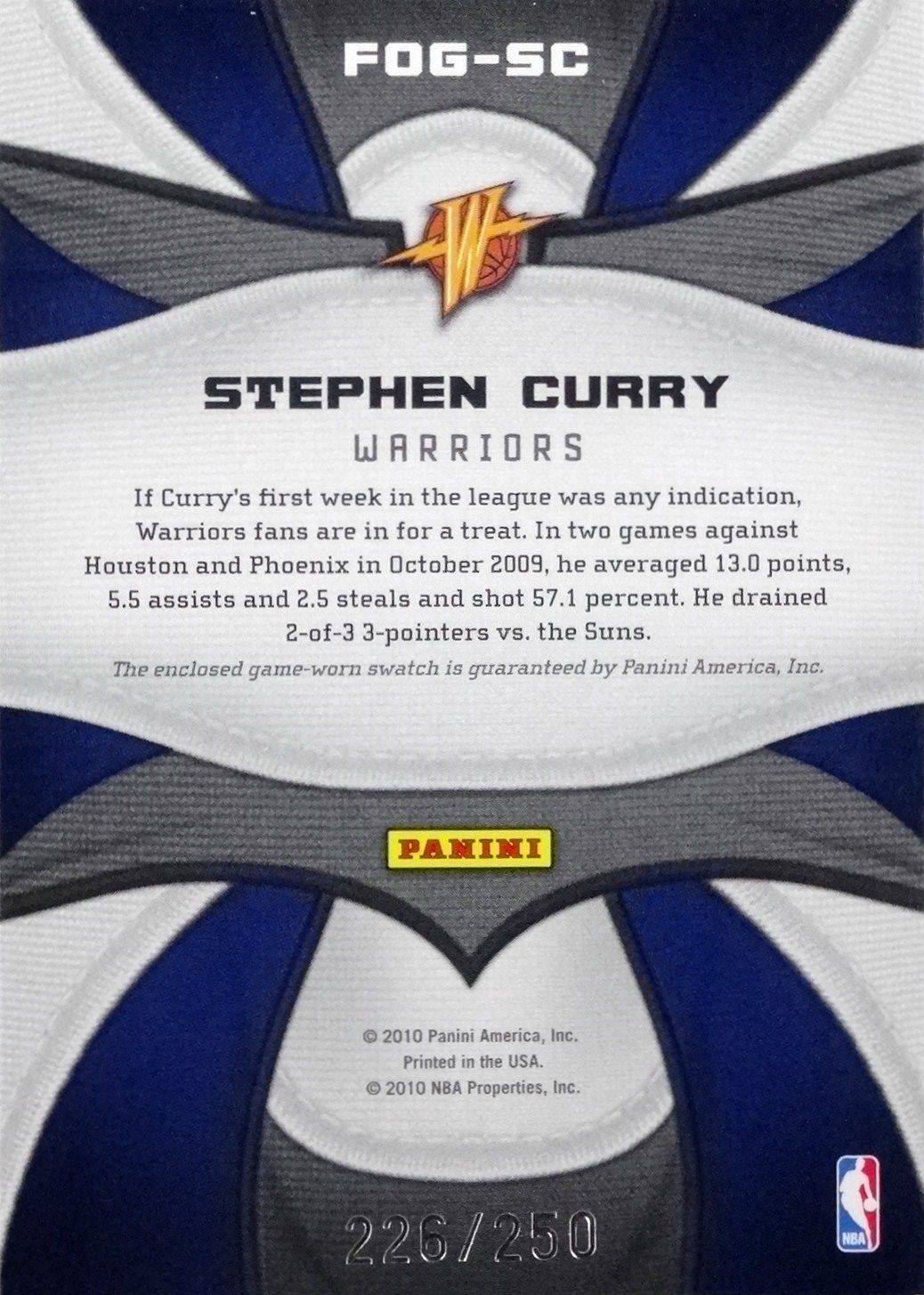 2009-10 Certified Fabric of the Game #FOG-SC Stephen Curry 250 - Back.JPG
